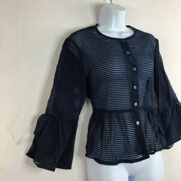 PAUL & JOE Sister Women's Blue Striped Mesh Front Button Blouse Top Size 3 L - Picture 2 of 11